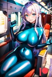 ai_generated bodysuit breasts female kuriboh_ex_(artist) latex latex_suit oppai pussy rubber rubber_suit turquoise_eyes turquoise_hair