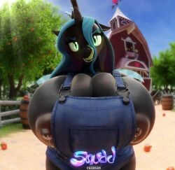 1girls 3d 3d_(artwork) absurd_res alternate_version_available anthro anthrofied apron apron_only areola_slip areolae big_breasts black_body black_fur black_skin blue_hair bodily_fluids breasts breasts_bigger_than_head busty changeling clothed clothing digital_media_(artwork) eyebrows eyelashes female female_focus female_only friendship_is_magic genital_fluids glistening glistening_body green_eyes hasbro hi_res hourglass_figure huge_breasts looking_at_viewer mammal motion_lines my_little_pony nipples puffy_nipples queen_chrysalis_(mlp) snuddy solo thick_thighs tongue_out twitter_link voluptuous voluptuous_female wide_hips