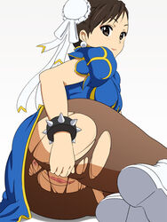 anus artist_request ass bracelet brown_eyes brown_hair brown_legwear censored china_dress chinese_clothes chun-li double_bun hair_bun jewelry legs no_panties pantyhose pussy smile spiked_bracelet spikes street_fighter thighs travesters