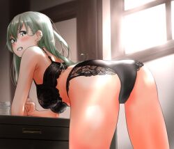 ass black_bra black_panties blush bra breasts commentary_request female green_hair hair_between_eyes highres kantai_collection large_breasts long_hair panties solo sunlight suzuya_(kantai_collection) tama_(seiga46239239) underwear underwear_only window