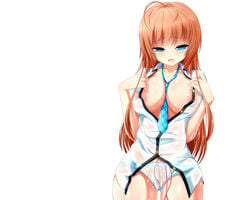 blue_eyes breasts brown_hair masturbation nipples open_clothes open_shirt original panties see-through see-through_panties shirt syroh tie underwear vibrator vibrator_under_clothes vibrator_under_panties white_background