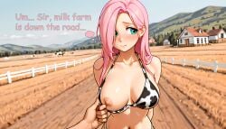 ai_generated cow_print fluttershy_(mlp) hands_behind_back looking_to_the_side my_little_pony nova_furry_xl one_breast_out shy text