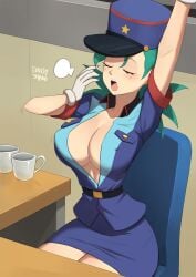 1girls arm_up barleyshake cleavage large_breasts officer_jenny_(pokemon) pokemon sitting uniform yawn