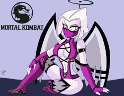 1girls angel angel_girls angel_wings black_halo catholic christianity cleavage clothed cosplay female halo hazbin_hotel lute lute_(hazbin_hotel) mileena_(cosplay) monster monster_girl mortal_kombat mortal_kombat_(2011) nightmare_waifu sitting solo solo_female solo_focus thetitandraw twitter vivienne_medrano vivziepop