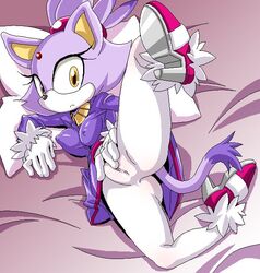 amber_eyes anthro blaze_the_cat breasts broken_ankle cameltoe cat clothed clothing feline female female_only fur furry high_heels mammal masturbation nipples oekaki on_side plump_labia purple pussy sega solo sonic_(series) tail