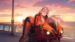 1girls accidental_exposure aeons_echo animated ashamed big_breasts bike biker biker_clothes bouncing_breasts looking_at_viewer nipslip pov_eye_contact sunset video voice_acted