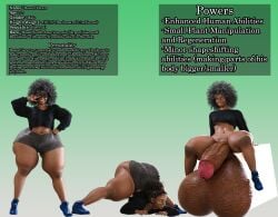 1boy 3d 3d_(artwork) afro blindfold blue_footwear bottom_heavy bottomless bubble_butt character_profile character_sheet commission dark-skinned_male femboy green_eyes grin huge_ass hyper_balls hyper_penis jack-o_pose lips medium_breasts original semper_jack shoes short_shorts simple_background smile sneakers solo_male text thick_lips thick_thighs top-down_bottom-up veiny_penis voluptuous_male