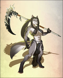 2011 abs anthro big_breasts black_hair breasts canine claws female fur furry grey grey_eyes grin hair hindpaw long_hair looking_at_viewer muscles nazuu-m0nster nipples paws scythe see-through sheer skimpy smile standing tail tattoo teeth toned weapon white_fur wolf