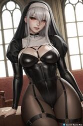 big_hips breasts female goth goth_girl gothic latex nun nun_outfit original_character pantyhose red_eyes relaxing secret_room12 sitting stable_diffusion tights white_hair