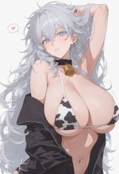 ai_generated armpits belly_button big_breasts blue_eyes blushing bra choker cow_bell cow_girl eyelashes genderswap_(mtf) heart huge_breasts jacket jujutsu_kaisen long_hair satoru_gojo white_hair