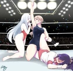 3girls asahina_mafuyu brown_hair catfight grey_hair gym_uniform hanabusa_(xztr3448) leotard mochizuki_honami multiple_girls pinned project_sekai purple_hair sweat swimsuit thick_ass tribadism victory_pose watermark wrestling wrestling_ring yoisaki_kanade