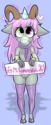 anthro armwear big_eyes birthday bovid caprine clothed clothing digital_drawing_(artwork) digital_media_(artwork) female genitals goat hair hat headgear headwear hi_res horn legwear looking_at_viewer male male/female mammal no_underwear partially_clothed party_hat pink_hair pussy scarf simple_background size_difference smaller_female solo spanish_text stockings text translation_request warmers yerolay