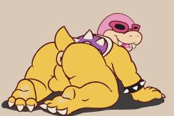 all_fours anthro anus ass balls claws collar dinim eyewear feet genitals hi_res koopaling male male_focus male_only mario_(series) nintendo nude presenting presenting_anus roy_koopa shell smile solo solo_male spikes teeth tongue
