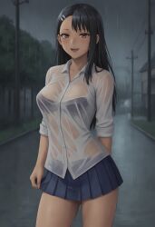 1girls 2d ai_generated black_hair bra bra_visible_through_clothes female female_only hayase_nagatoro miniskirt outdoors please_don't_bully_me,_nagatoro rain revealing_clothes school school_uniform see-through see-through_clothing shiroppo skirt smile transparent_clothing wet wet_clothes wet_shirt