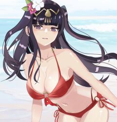 1girls alternate_costume bare_shoulders beach bikini black_eyes black_hair blunt_bangs breasts cleavage collarbone female female_only fire_emblem fire_emblem_awakening fire_emblem_heroes flower hair_flower hair_ornament highres long_hair looking_at_viewer n_54 navel nintendo o-ring o-ring_bikini o-ring_bottom o-ring_top ocean official_alternate_costume parted_lips red_bikini red_swimsuit solo swimsuit tharja_(fire_emblem) tharja_(summer)_(fire_emblem) twintails