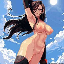 1girls animated animated armpits black_gloves black_thighhighs blue_sky breasts brown_hair cloud commentary earrings english_commentary female female_only final_fantasy final_fantasy_vii final_fantasy_vii_remake floating_hair gloves hair_between_eyes hand_up highres itzah jewelry navel nude outdoors pixel_art red_eyes sky smile solo sun thighhighs tifa_lockhart