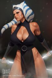 1girls abs ahsoka_tano ai_generated alien alien_girl alien_humanoid alien_only armwear big_breasts bikini_top blue_lightsaber breasts cleavage crop_top eyelashes eyes facial_markings female female_only front_view grey_background horn humanoid lightsaber loincloth looking_at_viewer markings melee_weapon navel open_eyes orange_body orange_skin plain_background shirt sleeveless solo solo_female standing star_wars sword tentacle tentacle_hair thighs togruta upper_body watermark weapon white_markings zargos