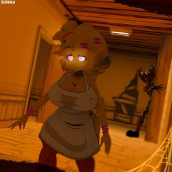 1boy 1girls bendy bendy_and_the_ink_machine bendy_the_dancing_demon breasts chica_(cally3d) chica_(fnaf) chiku chiku_(cryptia) five_nights_at_freddy's fredina's_nightclub gusinka tagme