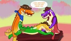 alligator alligatorid anal anal_sex anthro bandana bodily_fluids brother_(lore) brothers_(lore) candy chad_(the_amazing_digital_circus) clothed clothing cowboy cowboy_hat crocodile crocodilian crocodylid desert dessert detailed_background dripping empty_eyes erection excited fellatio food food_creature genitals glitch_productions group group_sex gummigoo_(the_amazing_digital_circus) gummy_(food) gummy_creature hat headgear headwear hi_res inside jagged_mouth kerchief kiroc leg_grab living_candy lizard male male/male male_only max_(the_amazing_digital_circus) mostly_nude motion_lines nude open_mouth oral outside penetration penile penis pink_floor reptile saliva saliva_drip scalie sex sibling_(lore) speech_bubble spitroast tail tail_motion tailwag tapering_penis the_amazing_digital_circus threesome tongue tongue_out translucent translucent_body trio