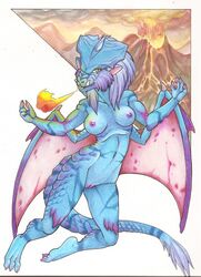 anthro blue breasts calolily crest dragon female fire looking_at_viewer lunastra monster_hunter pussy solo tagme tusks volcano wings yellow_eyes