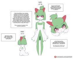 character_profile daisy_(luxurias) english_text generation_3_pokemon green_hair hi_res kirlia luxurias nintendo pink_eyes pokémon_(species) pokemon pokemon_(species) ralts short_ponytail tears text text_box tied_hair white_hair