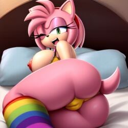 ai_generated amy_rose big_ass big_breasts mobians.ai nipples on_bed on_side one_eye_closed pussy rainbow_thighhighs tail thighhighs