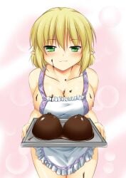 1girls :3 apron apron_only areolae blonde_hair breasts chocolate cleavage collarbone female_focus food green_eyes hoshitsuki_nikko large_breasts light-skinned_female light_skin mizuhashi_parsee mizuhashi_parsee naked_apron nipples pointy_ears short_hair solo solo_focus tagme thighs touhou