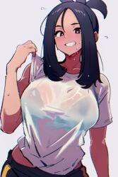 bangs big_breasts black_hair black_pants blue_bra bra breasts brown_eyes dendra_(pokemon) large_breasts lowres navel nintendo pokemon pokemon_sv smiling solo sweat sweatdrop tan_skin teeth twitter_link wet_clothes wet_shirt white_shirt