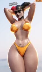 1girls 3d 3d_(artwork) batman:_arkham_knight batman_(series) big_breasts bikini bozo_pubic_tattoo busty cameltoe clussy dc dc_comics english_text female female_only gold_bikini harley_quinn harley_quinn_(classic) harley_quinn_(injustice) high_resolution hips hourglass_figure huge_breasts injustice_2 jester_cap jester_hat large_breasts light-skinned_female light_skin looking_at_viewer navel pubic_tattoo slim_waist smitty34 solo tattoo text thick_hips thick_thighs thighs top_heavy underboob waist wide_hips