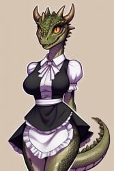 ai_generated anthro argonian argonian_female female_anthro hands_behind_back maid_uniform rataddict skirt standing