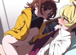 1boy ahoge black_hair blonde_hair blush breasts brown_hair female hood hoodie huge_ahoge kido_hyde linne multicolored_hair purple_eyes red_eyes sex shirt short_hair small_breasts touniyuu two-tone_hair under_night_in-birth yellow_hoodie