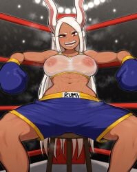 1girls abs afrobull alternate_version_available angry_eyes arena biceps big_breasts big_thighs blue_boxing_gloves blue_gloves blue_shorts boxing boxing_gloves boxing_ring boxing_shorts breasts bruises bunny_ears clothing curvy dark-skinned_female dark_skin female female_only fighting_ring long_hair looking_at_viewer mature_female midriff miruko muscular my_hero_academia name_on_clothing nipples nipples_visible_through_clothing open_mouth red_eyes rumi_usagiyama see-through shorts sitting sitting_on_stool solo sports_bra steam steaming_body stool sweat sweatdrop sweating thick thick_hips thick_thighs thighs wet_sports_bra white_hair white_sports_bra wide_hips