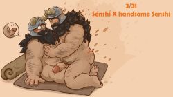 0_0 2boys bara beard blush dungeon_meshi dwarf english_text eye_contact facial_hair fake_horns from_side full_body galrock_art grabbing hairy helmet highres horned_helmet horns long_beard looking_at_another male_focus multiple_boys nude pectoral_grab penis plump profile selfcest senshi_(dungeon_meshi) thick_eyebrows thick_mustache uncensored very_long_beard wide-eyed yaoi