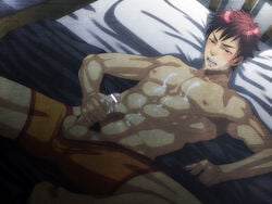 bed bed_sheet bed_sheets boxer brown_hair censored cum cum_on_body cum_on_self ejaculation heavy_breathing izumi_nekotsuki lying male male_nipples male_only male_pubic_hair masturbation muscles nipples on_back penis pubic_hair red_eyes red_hair solo spread_legs testicles