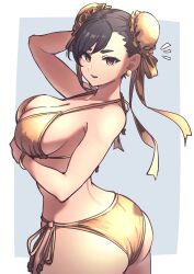 1girls absurdres alternate_costume ap_cammy ass back big_ass big_breasts bikini bracelet breasts brown_eyes brown_hair bun_cover capcom chun-li cleavage double_bun earrings female gold_bikini golden_week grey_background hair_bun highres huge_ass jewelry large_breasts looking_at_viewer navel shiny_swimsuit smile solo street_fighter street_fighter_ii swimsuit voluptuous white_background