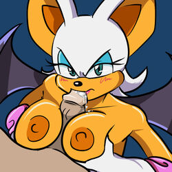 1boy 1girls angry anthro anthro_female bat blue_eyes blush breasts cum cum_in_mouth fellatio female furry furry_female human human_on_anthro looking_at_viewer male male_human/female_anthro male_on_anthro male_pov mobian_(species) nipples oral oral_sex paizuri partial_male penis pov pov_eye_contact rouge_the_bat saltcore sega sex sonic_(series) sonic_x straight wings