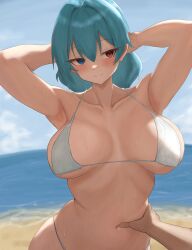 1boy 1girls 2d 2d_(artwork) beach big_breasts bikini blue_eyes blue_hair breasts clouds hands_behind_head heterochromia kogasa_tatara light-skinned_female moriforest1040 pov red_eyes touching touhou underboob water