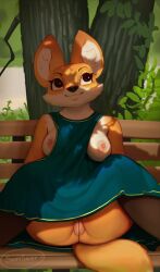 anthro areola biped breasts canid canine detailed_background female fox fur genitals hi_res looking_up lucy_(sniffsnorf) mammal nipples orange_body orange_fur pussy smile sniffsnorf solo spread_legs spreading