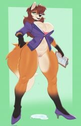 anthro big_breasts breasts brown_hair canid canine cassie_(foxydude) cleavage clipboard clothed clothing eyewear female footwear fox genitals glasses green_eyes hair hi_res high_heels long_hair looking_at_viewer mammal pencil_(object) pussy smile solo torou