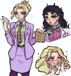 1girls 2girls black_eyes black_hair blonde_female blonde_hair blue_eyes breasts diamond_is_unbreakable female hair hair_bun human jojo's_bizarre_adventure kosaku_kawajiri licking licking_hand long_hair long_sleeves rule_63 shounen_jump suit suit_and_tie villainess yoshikage_kira