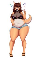 belly belly_grab big_breasts brown_hair chocofl4n chocoflan chubby chubby_anthro chubby_belly dinosaur exposed_panties hips hips_wider_than_shoulders horns obese obese_anthro orange_skin rosa_(gvh) shorts snoot_game tail thick_thighs thighs