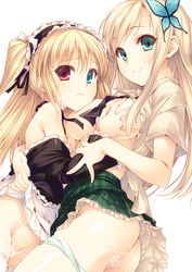 ass beige_skin blonde_hair boku_wa_tomodachi_ga_sukunai breast_grab breasts butterfly butterfly_hair_ornament color cum cum_inside dress female green_eyes hair_ornament hairclip hasegawa_kobato heterochromia human lolita_hairband lolita_headband long_hair multiple_girls necktie open_clothes open_shirt panties panty_pull plaid plaid_skirt ribbon school_uniform sena_kashiwazaki shirt simple_background skirt takei_ooki tear thighhighs two_side_up underwear white_legwear yuri