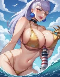 1girls ai_generated bikini bikini_top claws curvy earrings evelynn giantess gold_bikini huge_ass huge_breasts jewelry k/da_all_out_evelynn k/da_all_out_series large_breasts league_of_legends licking_lips lighthouse partially_submerged pink_lips pink_lipstick silver_hair solo swimsuit white_hair yellow_eyes