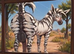 ai_generated ass_focus big_balls feral feral_only looking_at_viewer looking_back looking_pleasured male_only smile zebra