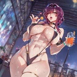 1girls abs ai_generated big_breasts bimbo breasts city female fit fit_female heart heart holding_glass honkai:_star_rail indoors kafka_(honkai:_star_rail) lollipop looking_at_viewer novelai open_mouth pose saliva saliva_string saliva_trail seductive sling_bikini slingshot_swimsuit solo solo_female solo_focus sweat swimsuit tongue tongue_out twitwit