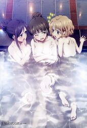 3girls black_hair brown_eyes brown_hair censored duplicate erect_nipples female hanasaku_iroha matsumae_ohana multiple_girls nude oshimizu_nako tsurugi_minko water yuri