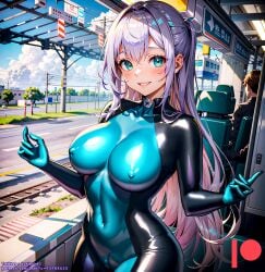 ai_generated bodysuit breasts female kuriboh_ex_(artist) latex latex_suit oppai pussy rubber rubber_suit turquoise_eyes turquoise_hair