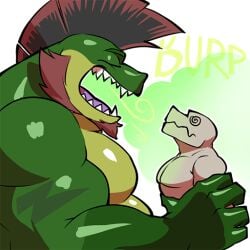 alligator alligatorid anthro belly big_belly bodily_fluids bodily_noises bulge burping churn churning croc crocodile crocodilian crocodylid death digestion digestion_noises digital_media_(artwork) duo english_text fatal_vore gator_(streamer) green_body hair invader_(invaderthegator) lizard male male/male male_prey muscular muscular_male onomatopoeia open_mouth oral_vore organs overweight overweight_male reptile rumbling_stomach scalie size_difference smile smirk solo sound_effects stomach teeth text tongue vore ych_(character)