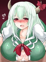 blush breasts cum cum_on_body cum_on_breasts cum_on_upper_body dark-skinned_male ex-keine fangs female green_hair han64 han_(jackpot) horns huge_breasts keine_kamishirasawa long_hair male paizuri paizuri_under_clothes penis red_eyes straight touhou