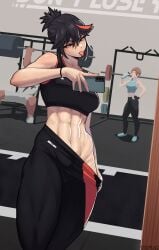 1boy 2girls abs absurdres athletic_female barbell black_hair blue_eyes bottle brown_hair cellphone clothes_pull exercising gamagoori_ira glowing glowing_eyes gym highres kill_la_kill mankanshoku_mako matoi_ryuuko mirror multicolored_hair multiple_girls muscular muscular_female obliques pants pants_pull phone red_hair selfie smartphone sports_bra stopu tomboy toned toned_female tongue tongue_out water_bottle